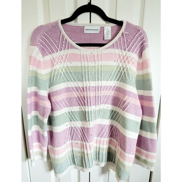 Alfred Dunner XL Sweater Vintage Pastel Striped Beaded Embroidered Loose Strings - Picture 1 of 8